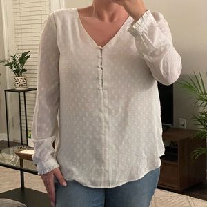 Loft off white textured polka dot long sleeve blouse with buttons